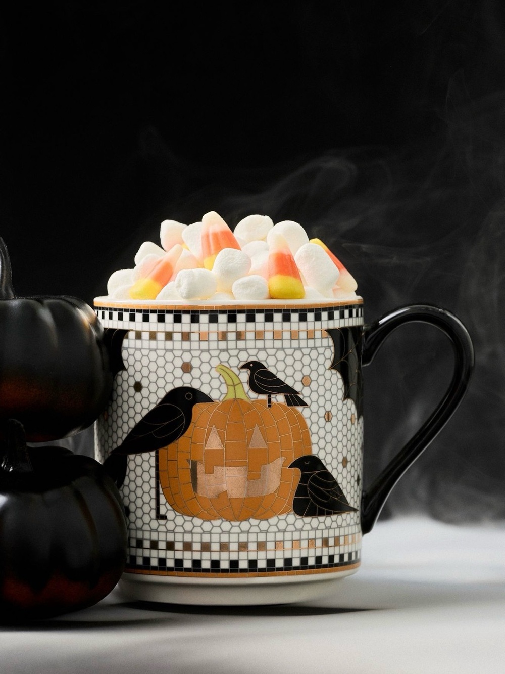 Anthropologie Bistro Tile Halloween Mug 24K Gold Accent Pumpkin Crow Spiderweb
